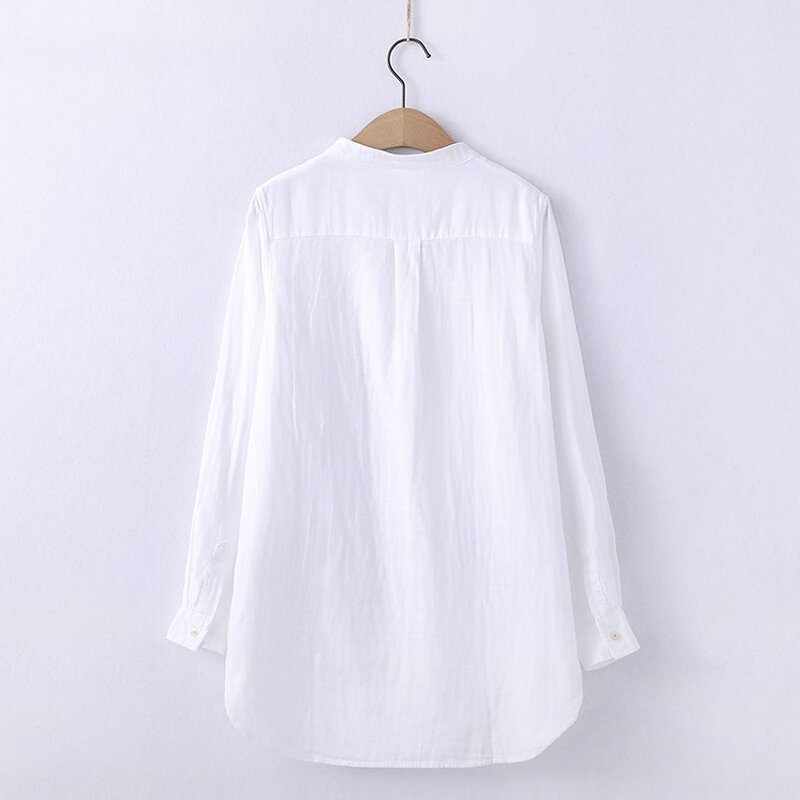 Cotton Yarn Blouse Manufacturer - Long Sleeve Stand Collar Button Soft Midi Casual