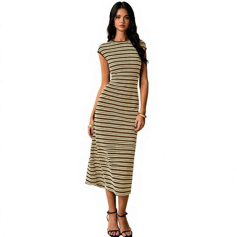 Striped Knitted Dress Manufacturer - 2025 Sleeveless V-neck Slim Midi for Women Summer