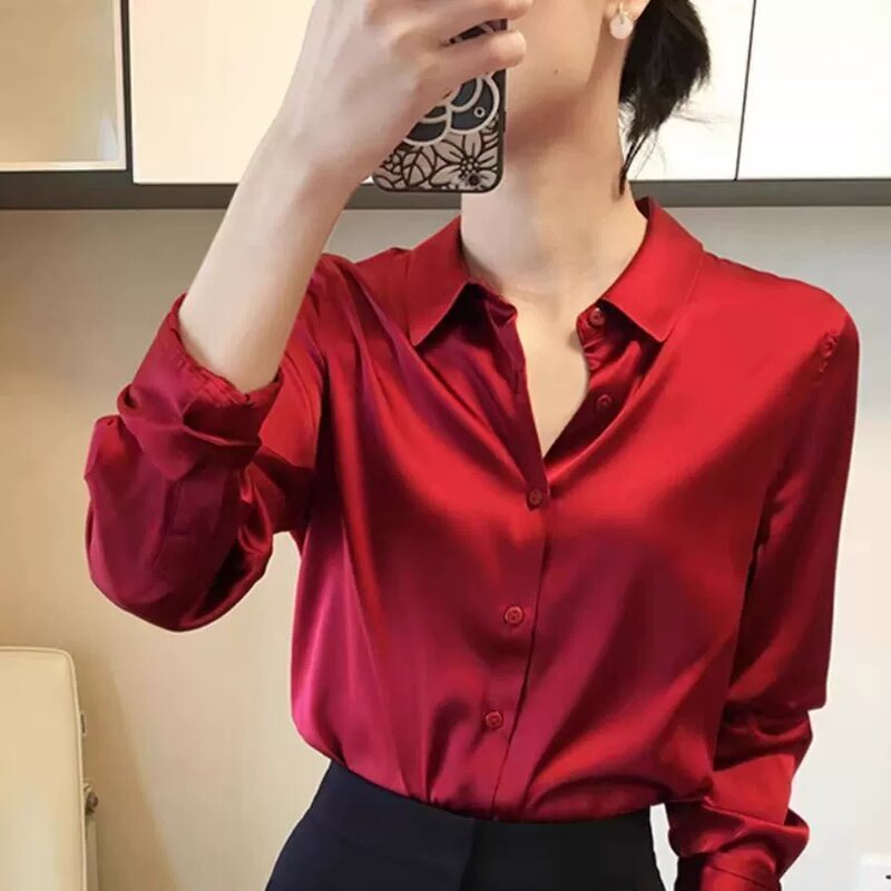 Satin Blouse Manufacturer - High-Grade Silky Long-Sleeve Loose Pure Color Luxury