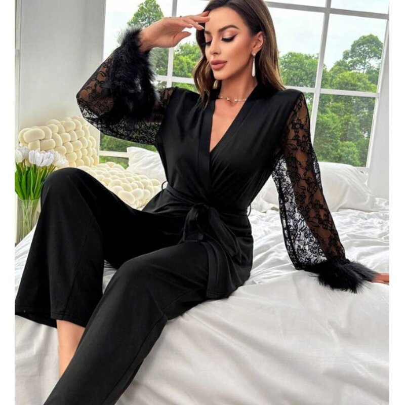 Women's Nightgown Set Manufacturer - 2025 Stitching Lace V-neck Sexy Elegant 2-Piece