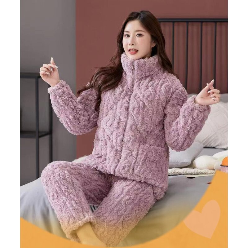 Women's Pajamas Set Manufacturer - 2024 Fleece Plush Padded Zipper Tops Long Pants