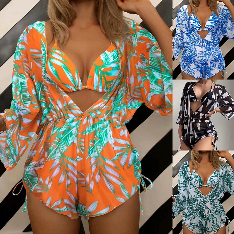 Women's Bikini Set Manufacturer - 3 Piece Spaghetti Strap Bra Jumpsuit Printed Swimwear