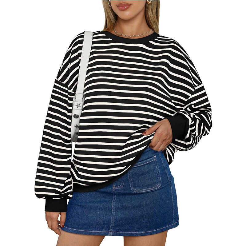 Striped Sweatshirt Manufacturer - O-neck Long Sleeve Loose Pullover Autumn Winter