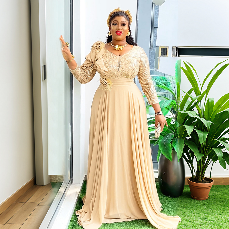 African Evening Gown Manufacturer - 2025 Plus Size Long Sleeve Sequined Flower High Waist