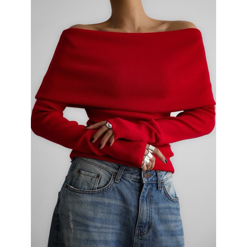 Women's Off Shoulder Top Manufacturer - Long Sleeved Knitted Solid Color One Shoulder Sexy Slim