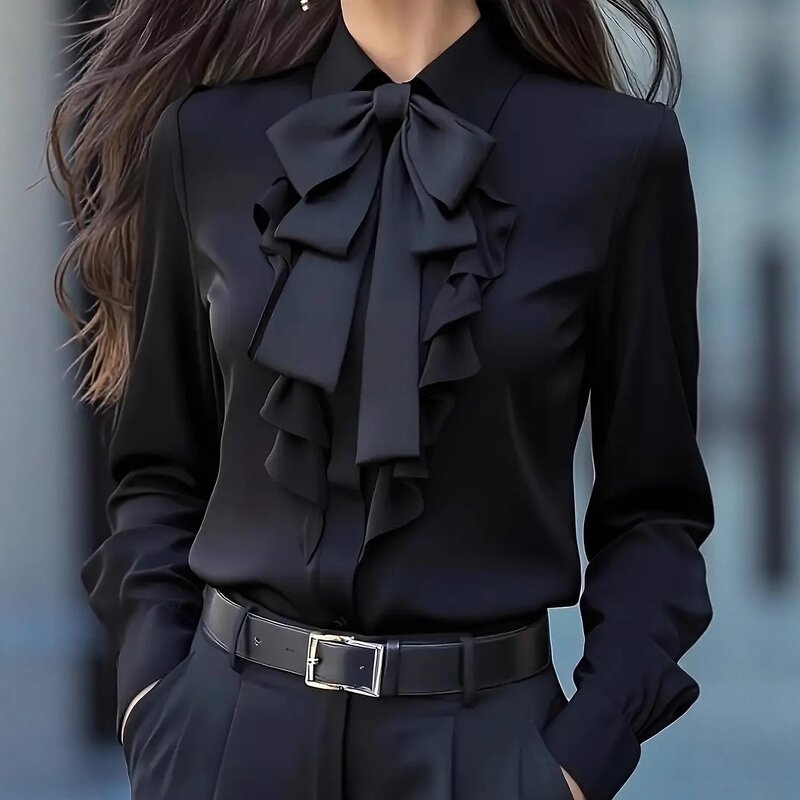 Women's Shirt Manufacturer - 2025 Autumn Lace up Bow Ruffle Design Elegant Urban