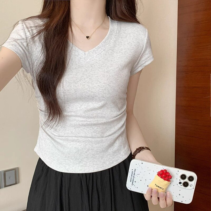 Women's T-shirt Manufacturer - Solid Color Short Sleeve V-neck Slim Wholesale