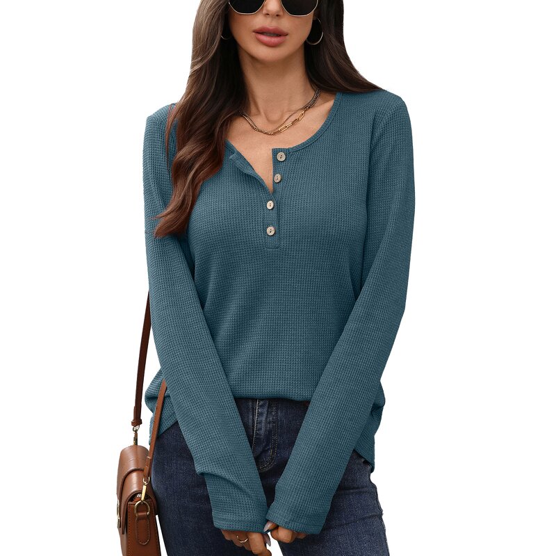 Long Sleeved T-shirt Manufacturer - Solid Color Round Neck Button Loose for Women