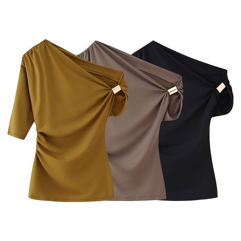 Short Sleeve Top Manufacturer - 2025 Metal Buckle Diagonal Shoulder Asymmetric Simple
