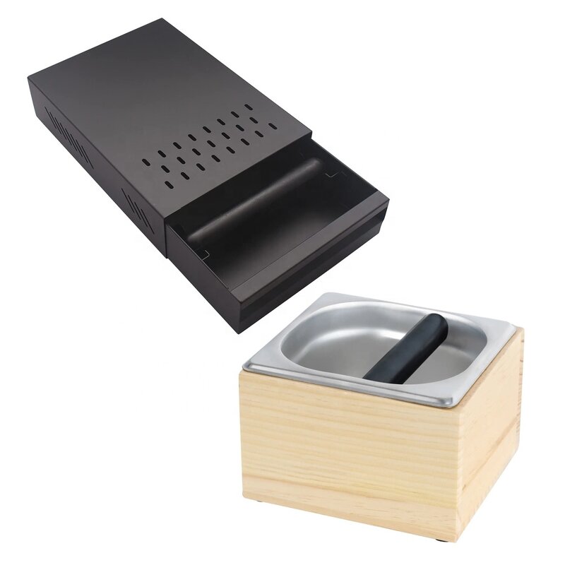 Knock Box Manufacturer - Coffee Accessories Stainless Steel Square Cafe Bar with Wooden Base