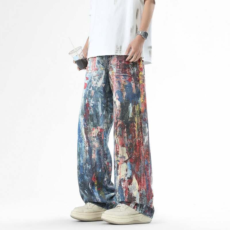 Men's Denim Trousers Manufacturer - Custom Vintage Straight Eco-Friendly Dark Blue Digital Print Washed Pants