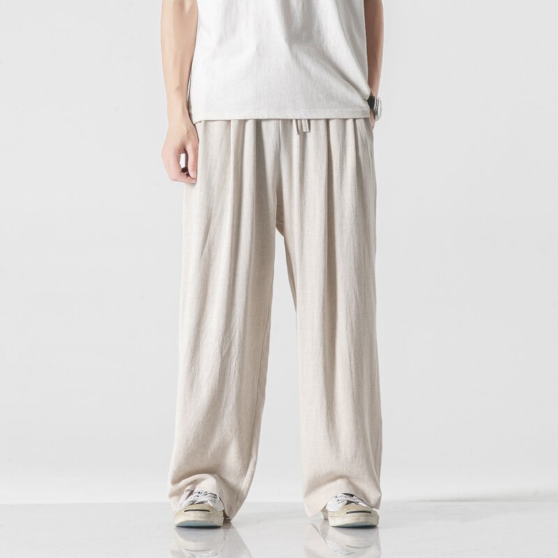 Men's Linen Pants Manufacturer - Customized Solid Color Elastic Waist Loose Fit Baggy Straight Leg Pants