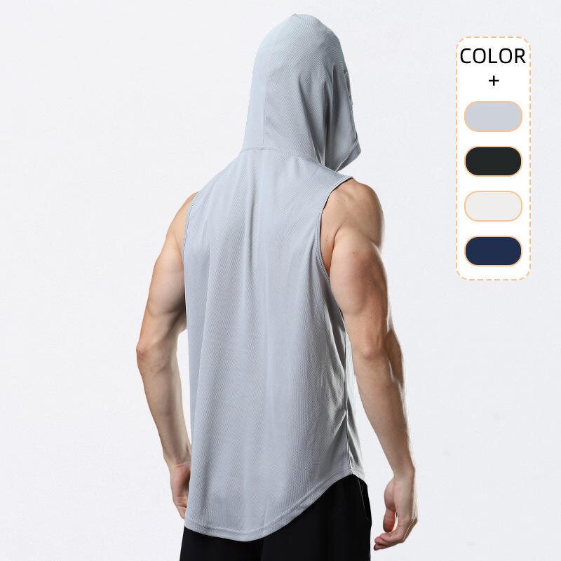 Men's Hooded Tank Top Manufacturer - Custom Logo Polyester Bodybuilding GYM Running Sleeveless Tee