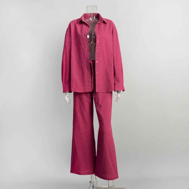 Women's Linen Set Manufacturer - Wholesale Cotton Casual 2-Piece Business Work Outfits Long Sleeve Shirt Pants