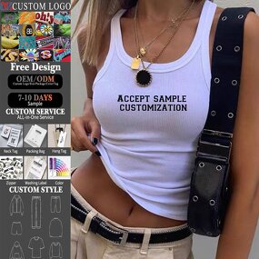 Women's Knitted Vest Manufacturer - Custom Printed Ribbed Slim Fit Girl Cropped Embroidery Cotton Top