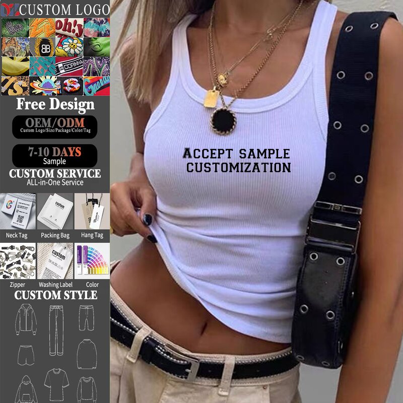 Women's Knitted Vest Manufacturer - Custom Printed Ribbed Slim Fit Girl Cropped Embroidery Cotton Top