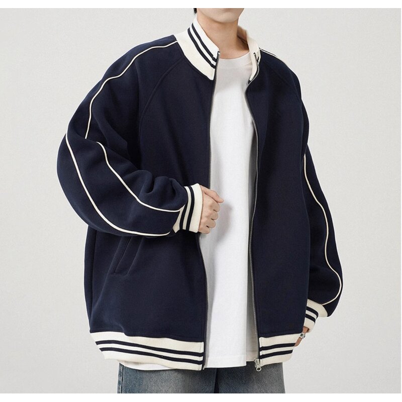 Men's Cardigan Jacket Manufacturer - Stand-up Collar Contrast Color Stitching College Style Custom Jacket