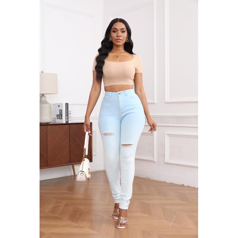 Women's Hole Jeans Manufacturer - European American Style High Waist Blue White Denim Breathable Summer Pants