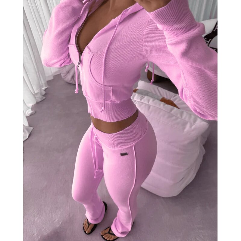 Women's Jogger Set Manufacturer - Custom Zip up Cropped Hoodie Stacked Flared Pants Tracksuit