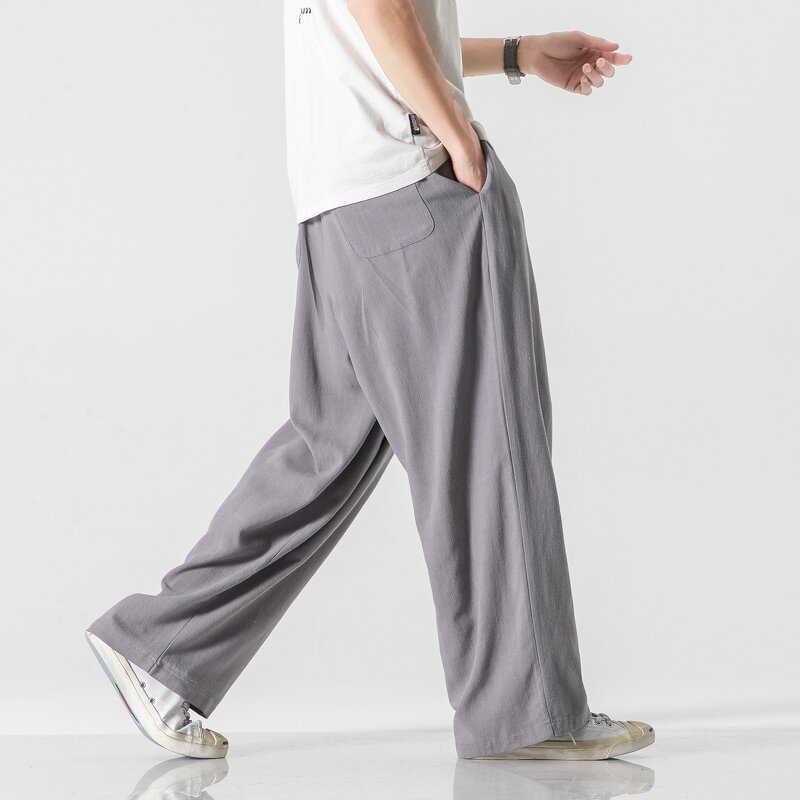 Men's Linen Pants Manufacturer - Customized Solid Color Elastic Waist Loose Fit Baggy Straight Leg Pants