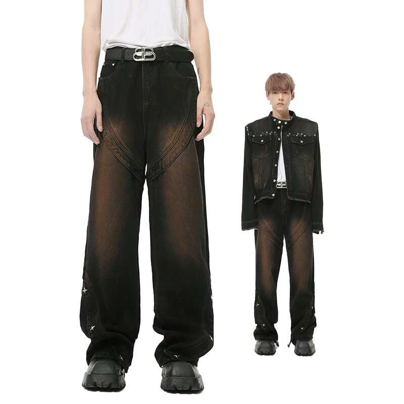 Men's Casual Jeans Manufacturer - Factory Customized High Street Vintage Dirty Dyed Patchwork Jeans