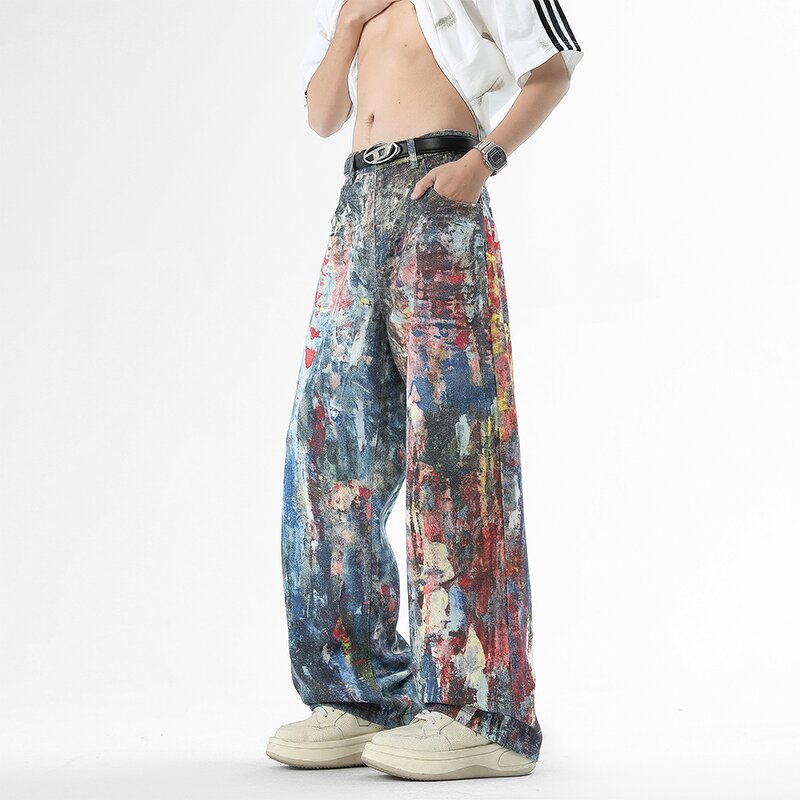 Men's Denim Trousers Manufacturer - Custom Vintage Straight Eco-Friendly Dark Blue Digital Print Washed Pants