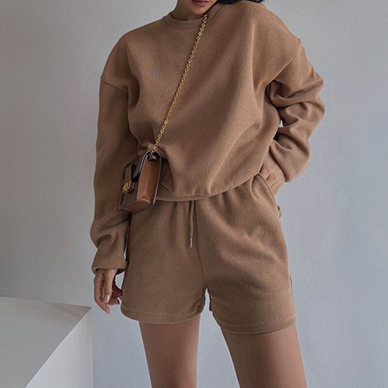 Women's Tracksuit Manufacturer - Custom Logo Embroidery Pullover Cotton Hoodie and Shorts 2 Piece Gym Set