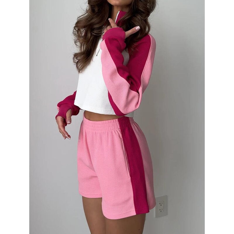 Women's Two-piece Set Manufacturer - Fashionable Color Blocking Long Sleeved Short Top & Elastic Pants Vintage Set