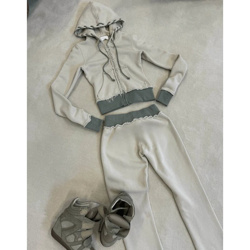 Women's Jogger Set Manufacturer - Custom Zip up Cropped Hoodie Stacked Flared Pants Tracksuit