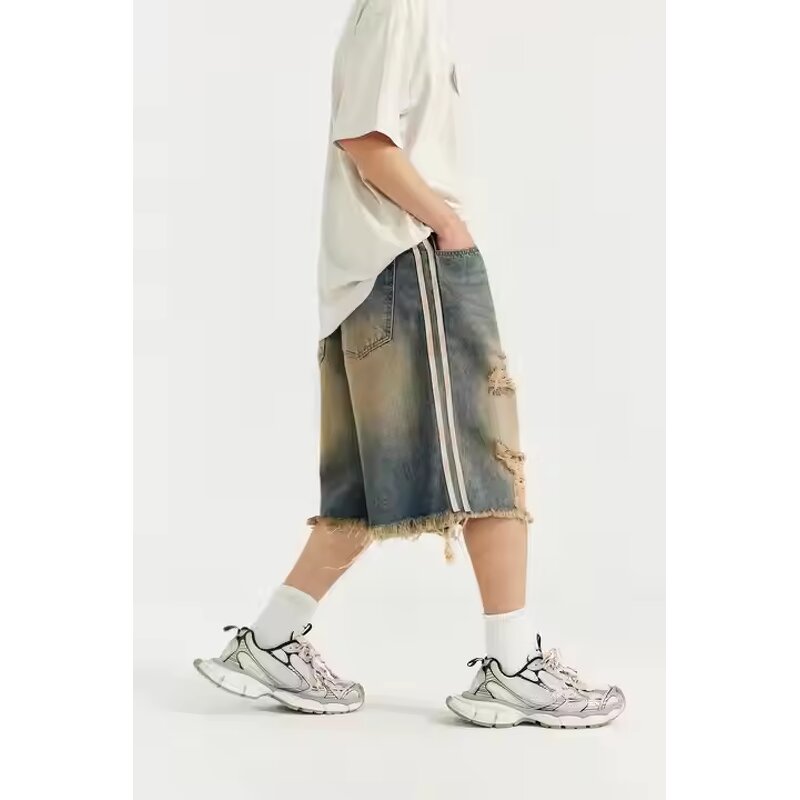 Men's Denim Shorts Manufacturer - Y2K Acid Wash Mid Waist Mesh Distressed Vintage Raw Edge Hem Shorts