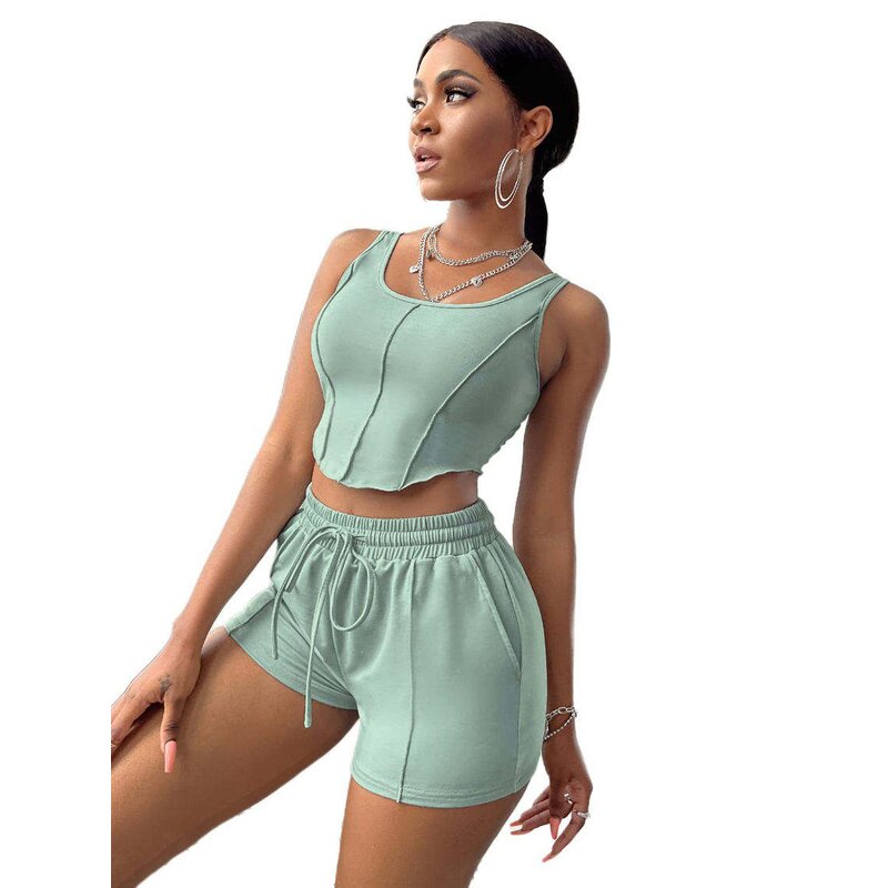 Women's Tracksuit Manufacturer - Casual Tank Top 2 Pieces Plain Sleeveless Ribbed Running Casual Set