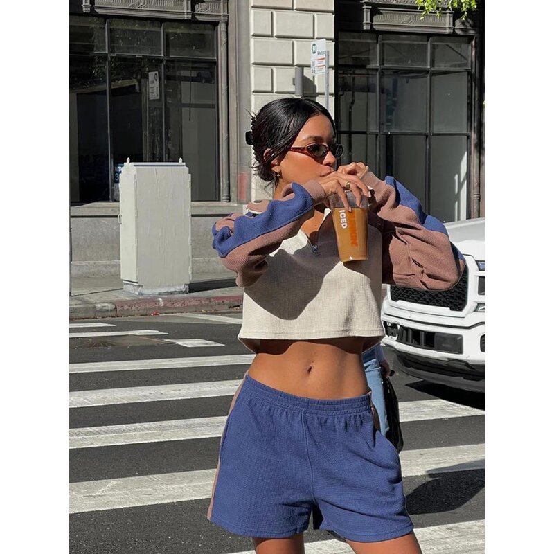 Women's Two-piece Set Manufacturer - Fashionable Color Blocking Long Sleeved Short Top & Elastic Pants Vintage Set