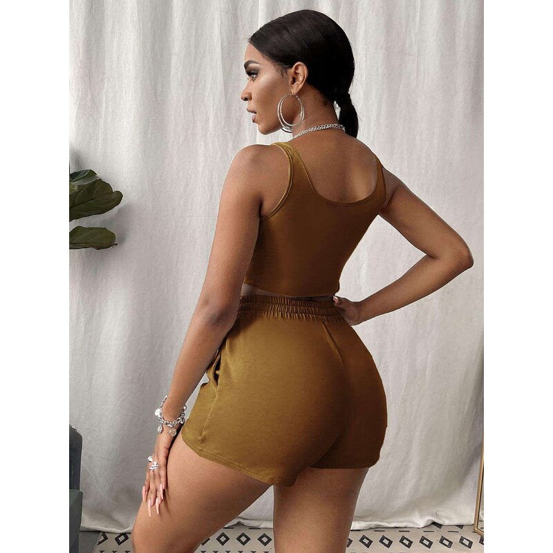 Women's Tracksuit Manufacturer - Casual Tank Top 2 Pieces Plain Sleeveless Ribbed Running Casual Set