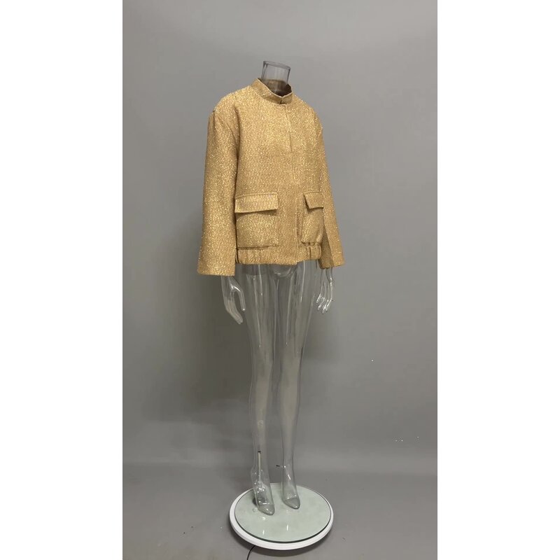 Women's Jumpsuit Manufacturer - New-Style Gold Thread Beaded Coat Sequins Stand-Up Collar Breathable Jumpsuit