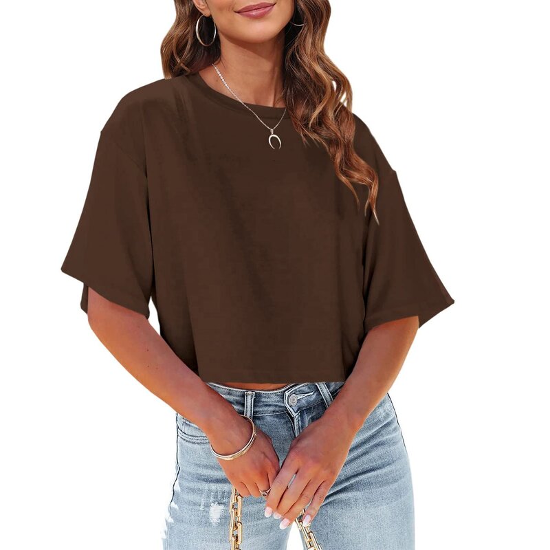 Women's Crop Top Manufacturer - Custom Design Oversized Short T Shirts Half Sleeve Drop Shoulder Tee