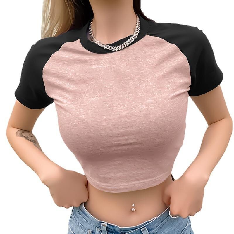Women's Crop Top Manufacturer - Custom Two Tone Color Slim Y2K Short Sleeve Tee