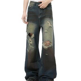 Men's Ripped Jeans Manufacturer - Custom European American High Street Distressed Hip-hop Straight Pants