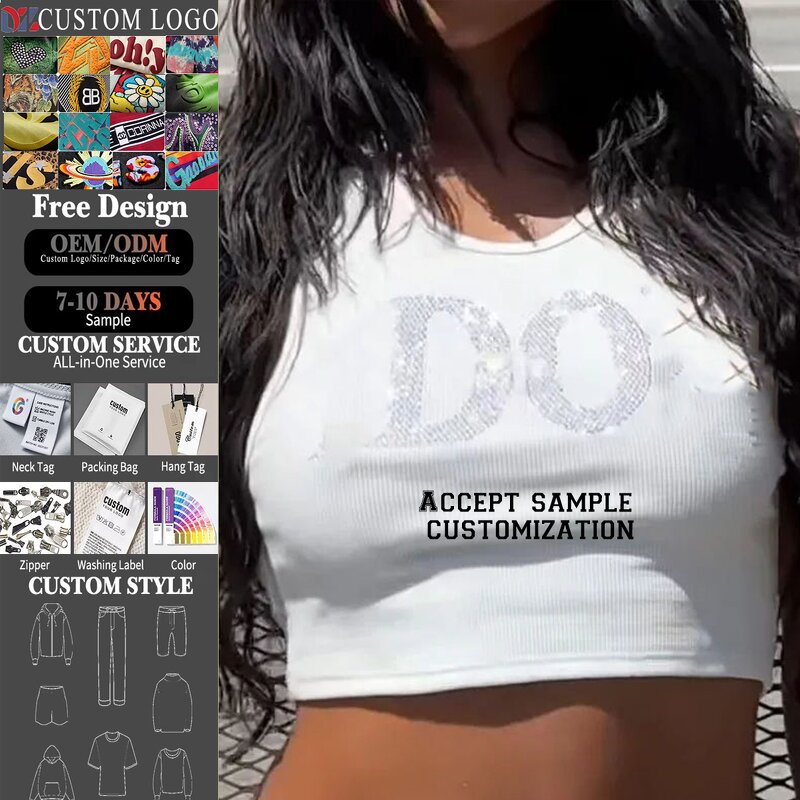 Women's Backless Tank Top Manufacturer - Custom Rhinestone Logo Summer O-Neck Sleeveless White Basic Camis Top