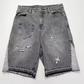Men's Jean Jorts Manufacturer - Custom High Waist Embroidered Logo Rhinestone Ripped Acid Wash Shorts