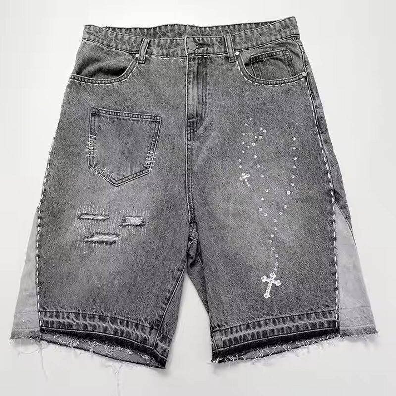 Men's Jean Jorts Manufacturer - Custom High Waist Embroidered Logo Rhinestone Ripped Acid Wash Shorts