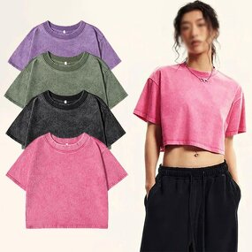 Women's Cotton T-Shirt Manufacturer - Plain Solid Color Slim Washed Oversized Crop Top