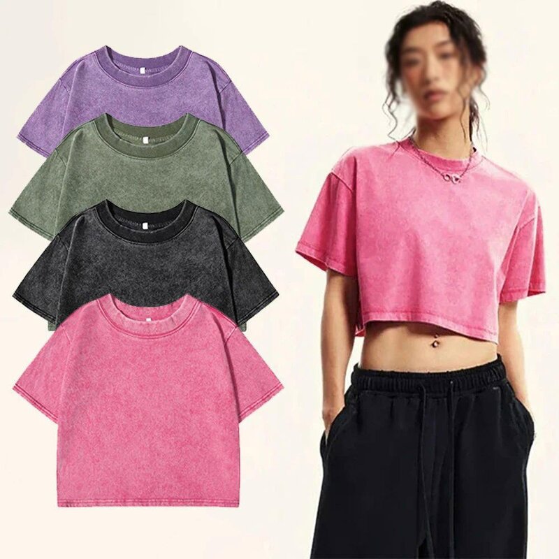 Women's Cotton T-Shirt Manufacturer - Plain Solid Color Slim Washed Oversized Crop Top