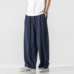 Men's Linen Pants Manufacturer - Customized Solid Color Elastic Waist Loose Fit Baggy Straight Leg Pants
