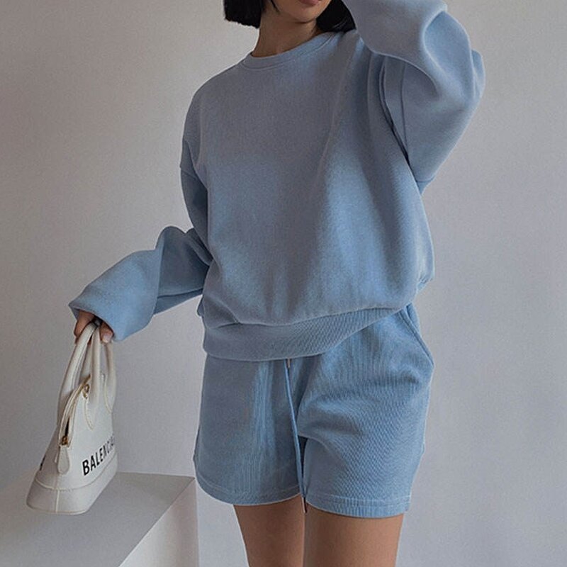 Women's Tracksuit Manufacturer - Custom Logo Embroidery Pullover Cotton Hoodie and Shorts 2 Piece Gym Set