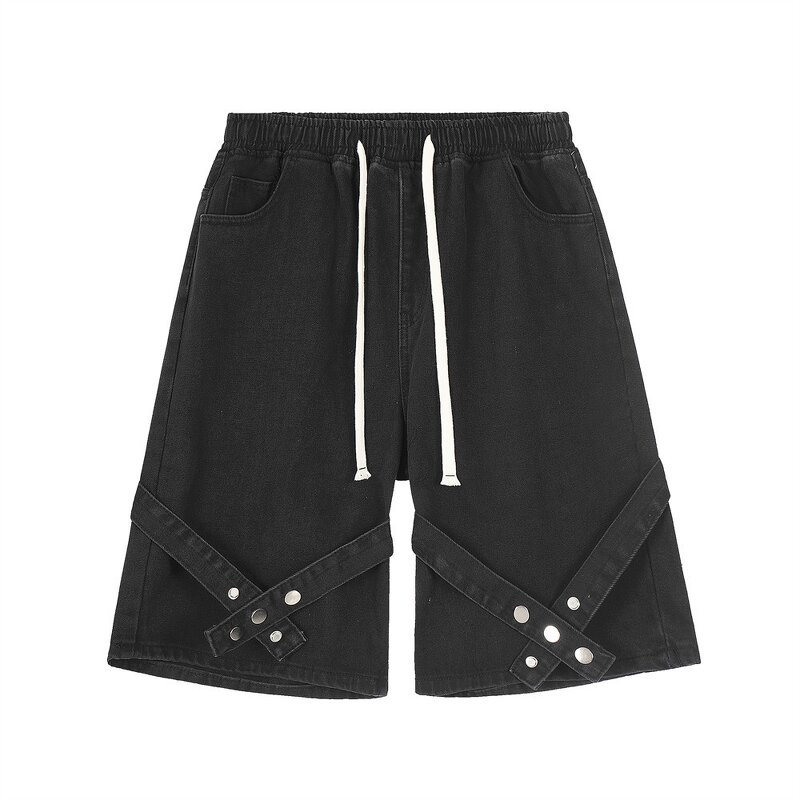 Men's Denim Shorts Manufacturer - Summer Trendy With Straps High Street Hip-hop Drawstring Loose Shorts