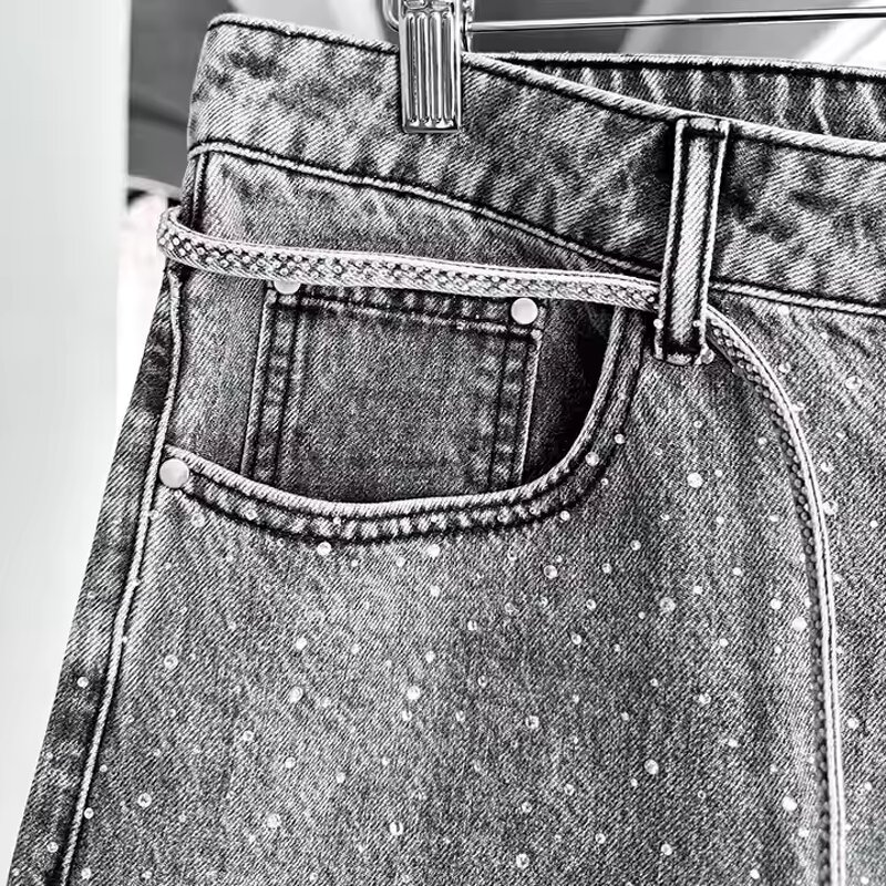 Men's Cargo Shorts Manufacturer - Custom Vintage Solid Style Denim Acid Wash Embroidered Rhinestone Shorts