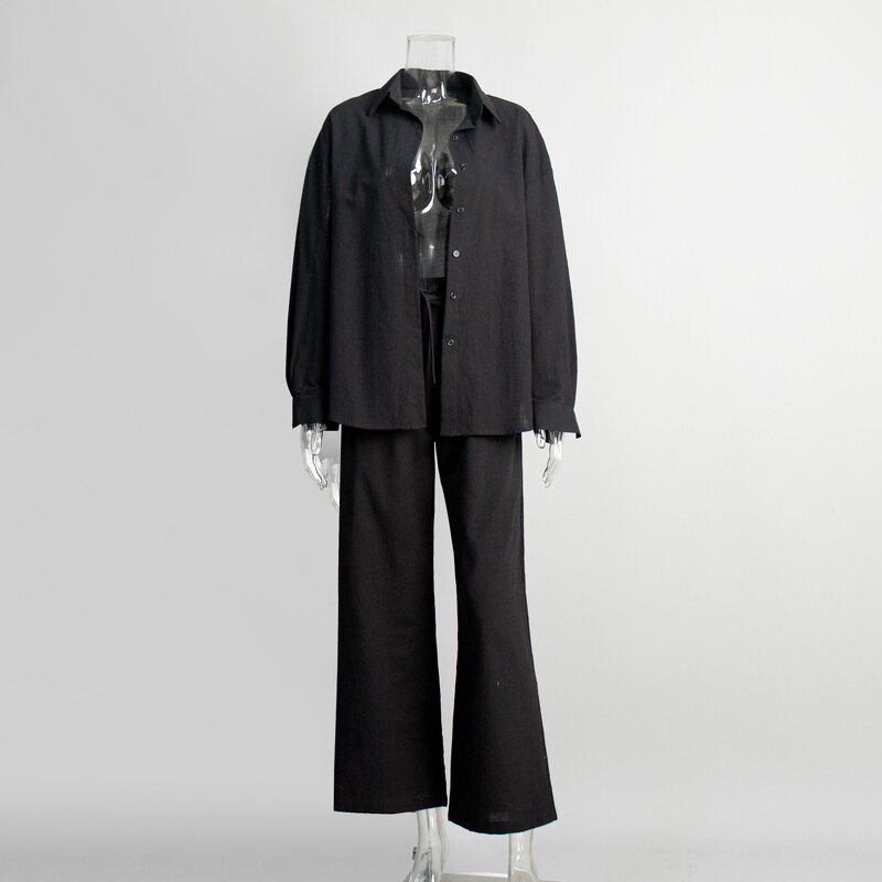 Women's Linen Set Manufacturer - Wholesale Cotton Casual 2-Piece Business Work Outfits Long Sleeve Shirt Pants