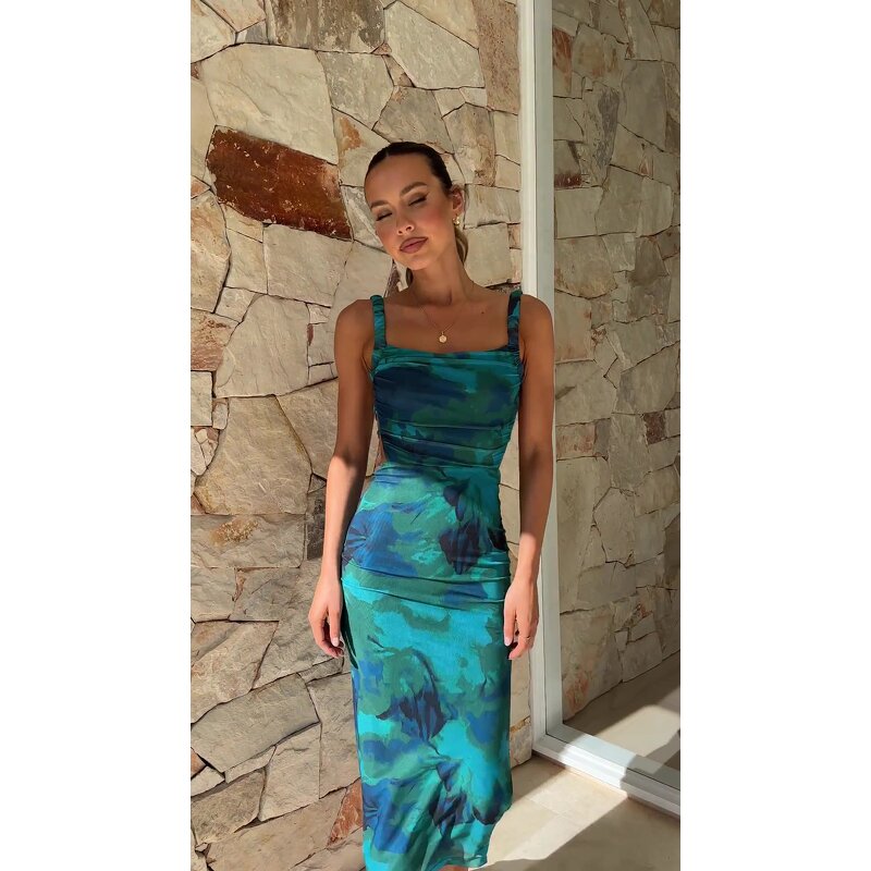 Women's Maxi Dress Manufacturer - Summer Floral Printed Sexy Square Collar Empire Waist Backless Sleeveless Dress