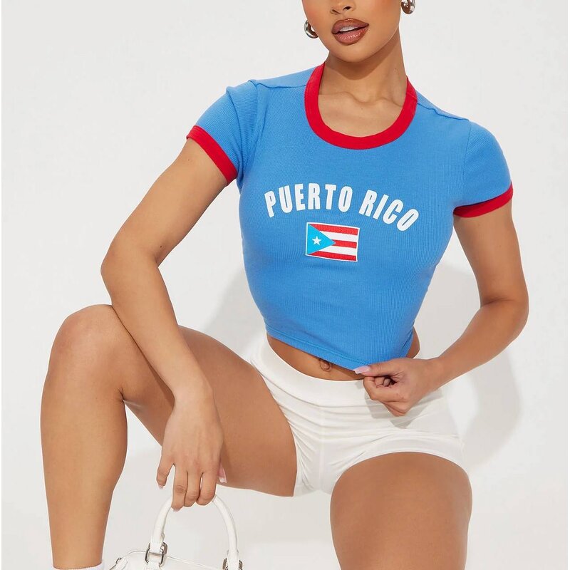 Women's Crop T-Shirt Manufacturer - Summer Fashion Rib Knit Ringer Short Sleeve Logo Embroidery Hip-hop Tee