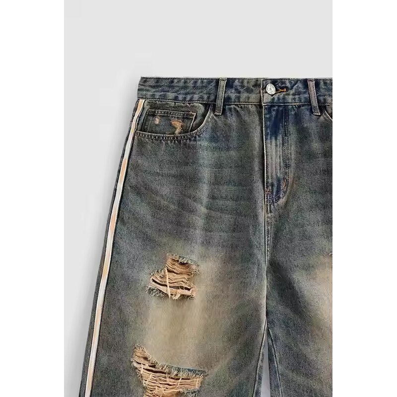 Men's Denim Shorts Manufacturer - Y2K Acid Wash Mid Waist Mesh Distressed Vintage Raw Edge Hem Shorts